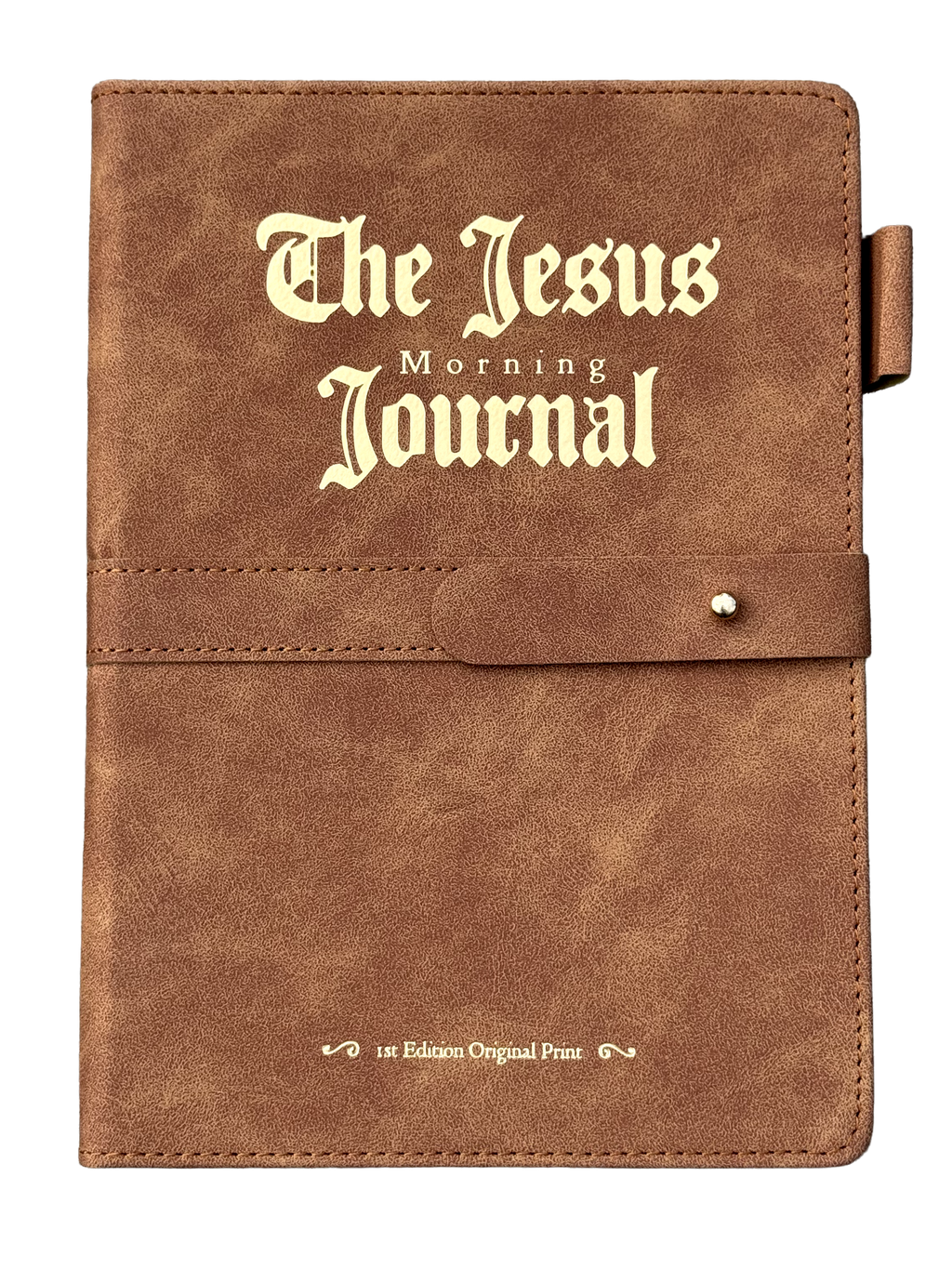 A brown faux-leather journal with a strap closure, featuring the title 'The Jesus Morning Journal' in a gold foil embossed gothic font on the front cover.