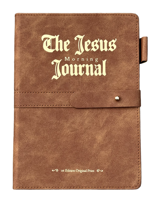 A brown faux-leather journal with a strap closure, featuring the title 'The Jesus Morning Journal' in a gold foil embossed gothic font on the front cover.